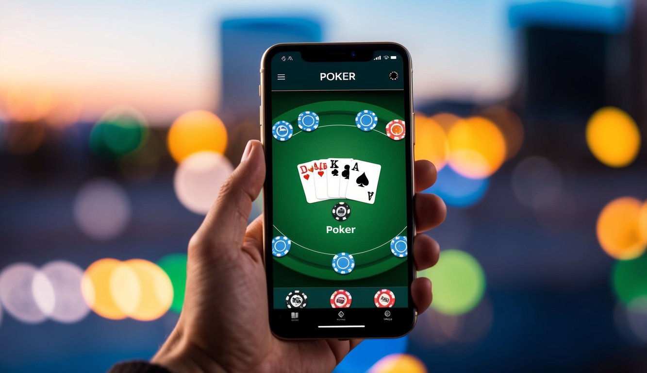 Sebuah smartphone yang menampilkan aplikasi permainan poker, dengan chip dan kartu virtual di layar