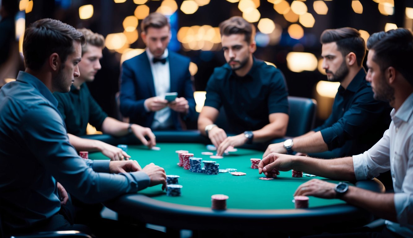 Sekelompok pemain poker virtual bersaing secara online, masing-masing fokus pada kartu dan chip digital mereka, dengan seorang dealer digital yang mengawasi permainan.