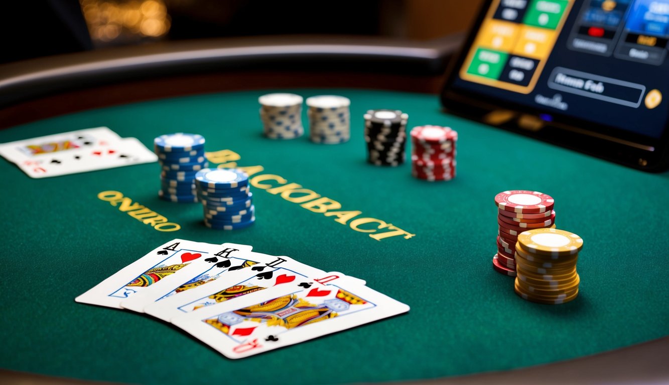 Meja blackjack dengan kartu yang disusun, chip yang ditumpuk, dan antarmuka digital untuk permainan online