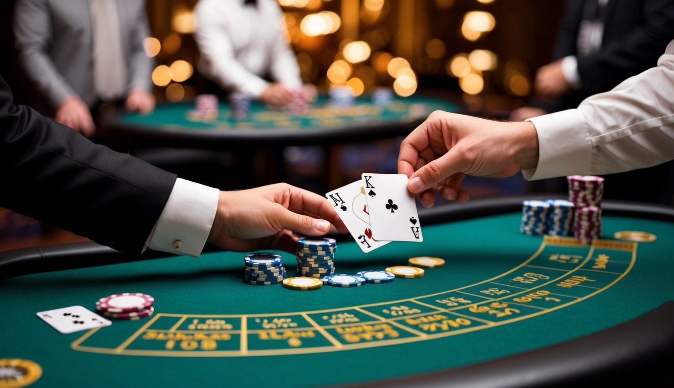 Meja blackjack digital dengan kartu, chip, dan tangan dealer yang membagikan kartu kepada pemain