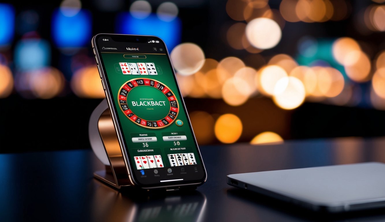 Sebuah smartphone modern yang ramping menampilkan permainan blackjack dengan grafik yang cerah dan animasi yang halus