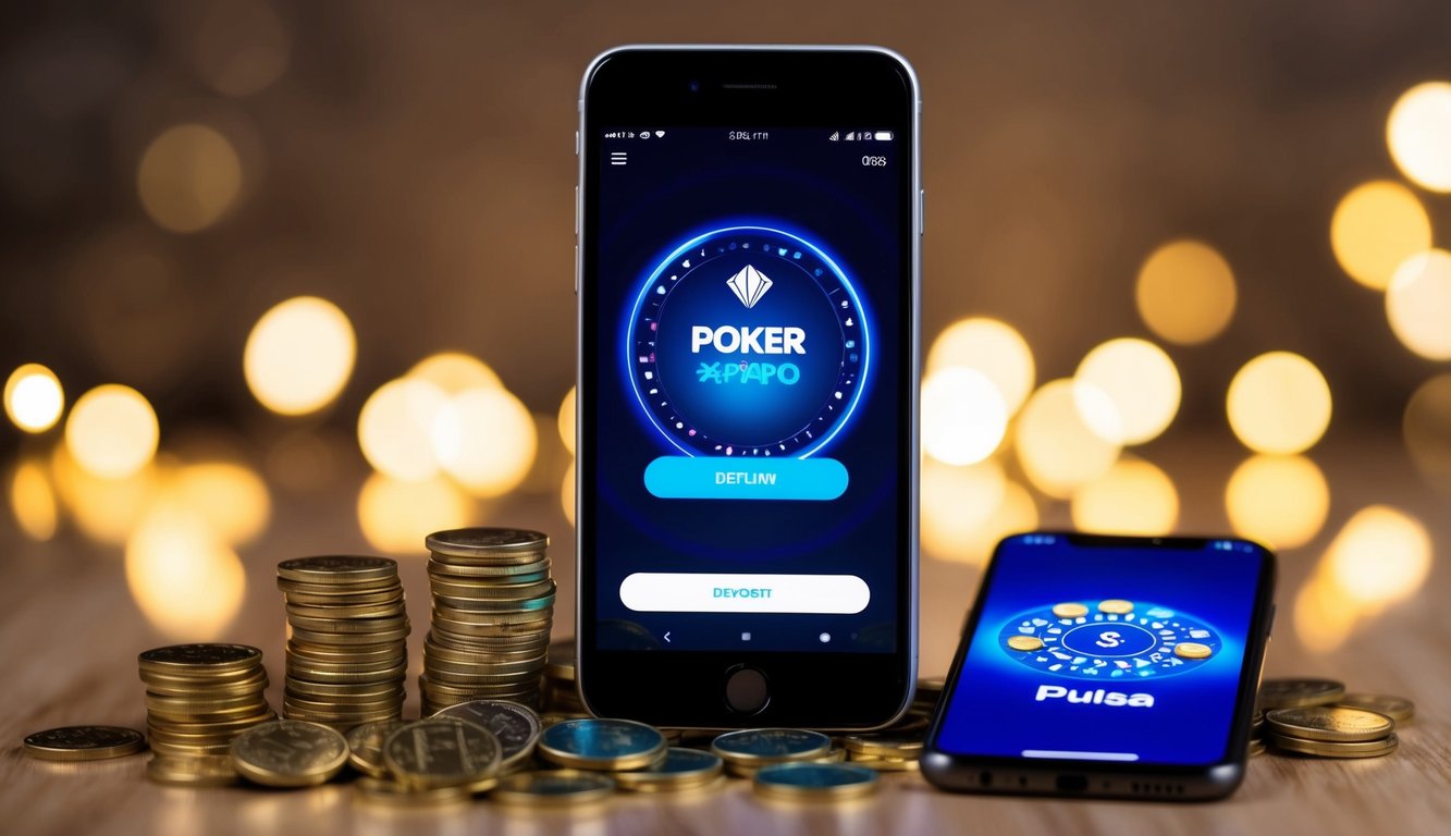 Sebuah smartphone dengan layar yang bersinar menampilkan aplikasi poker, dikelilingi oleh koin-koin yang berserakan dan sebuah ponsel dengan opsi deposit pulsa