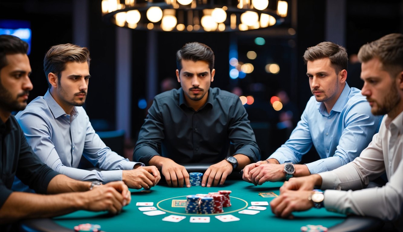 Sekelompok pemain di meja poker, dikelilingi oleh chip dan kartu, dengan ekspresi yang intens