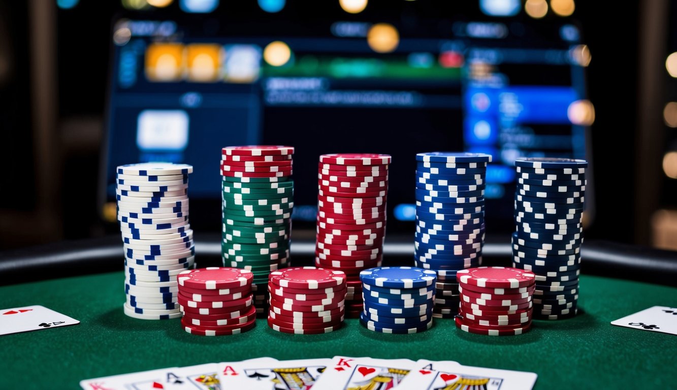 Sekelompok chip poker yang disusun di atas meja felt hijau, dengan kartu yang dibagikan dan antarmuka digital di layar di latar belakang