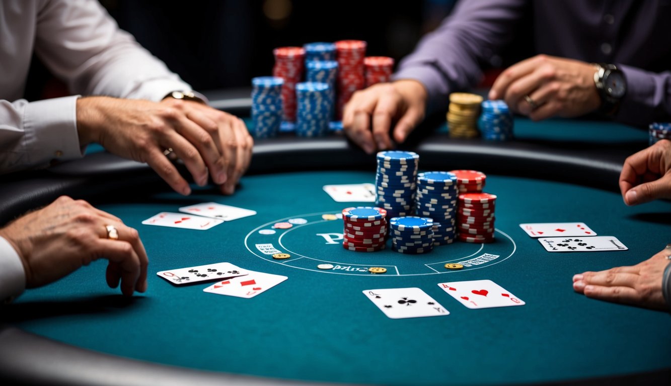 Sebuah meja poker dengan pemain yang merencanakan strategi, chip yang ditumpuk, dan kartu yang dibagikan