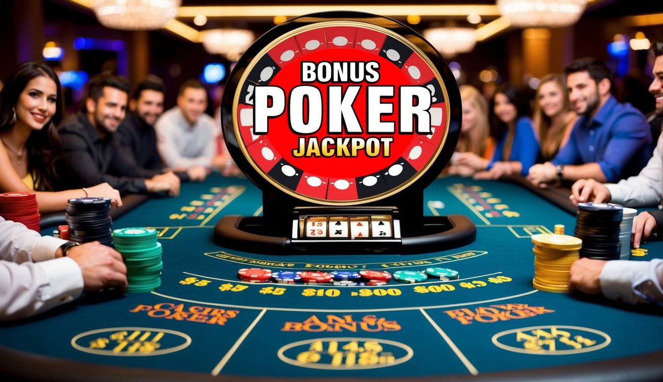 Sebuah meja kasino yang hidup dengan jackpot bonus poker besar yang ditampilkan di tengah, dikelilingi oleh pemain yang antusias dan chip berwarna-warni