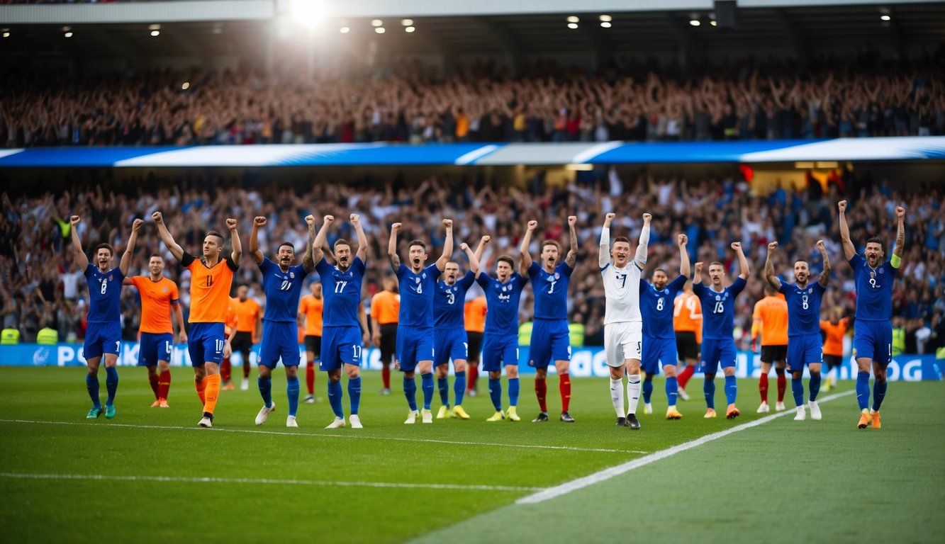 Sebuah stadion sepak bola yang ramai dengan penggemar yang bersorak dan pemain di lapangan