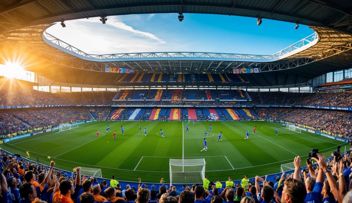 Sebuah stadion sepak bola yang ramai dengan penggemar yang bersorak, spanduk tim yang berwarna-warni, dan pemain yang beraksi di lapangan