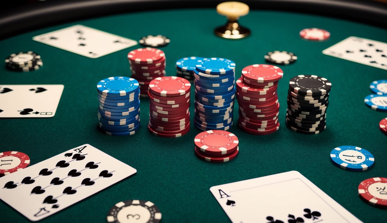 Sekelompok chip poker berwarna-warni tersebar di atas meja felt hijau, dikelilingi oleh kartu dan tombol dealer