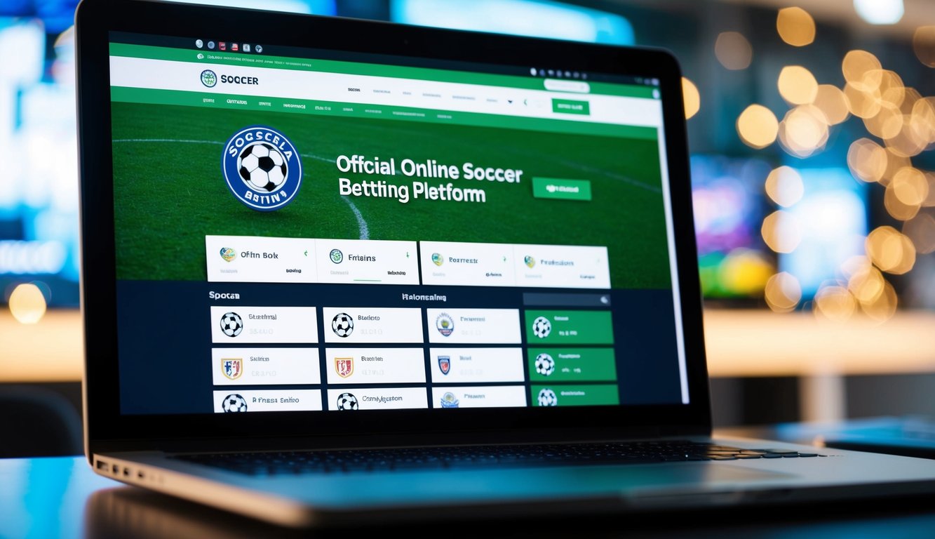 Sebuah layar komputer menampilkan situs web untuk platform taruhan sepak bola online resmi. Situs ini menampilkan logo dan berbagai opsi taruhan olahraga.