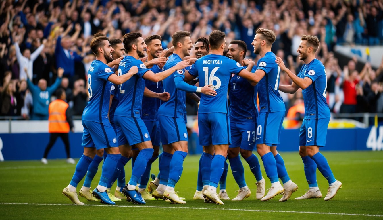 Sekelompok pemain sepak bola merayakan gol, dikelilingi oleh penggemar yang bersorak di stadion yang penuh sesak