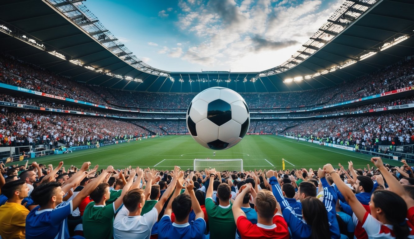 Sebuah stadion olahraga yang ramai dengan penggemar yang bersorak dan sebuah bola sepak besar di tengah