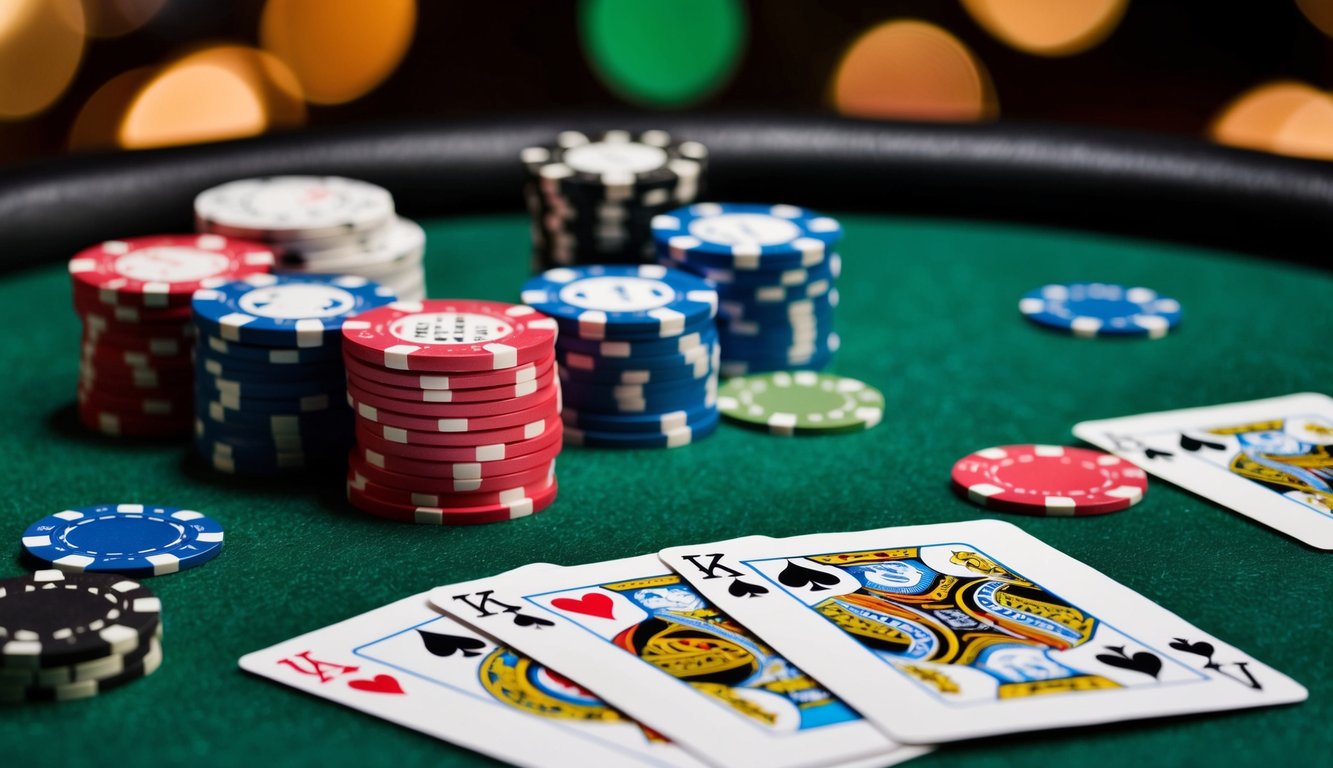 Sekelompok kartu bermain berwarna-warni yang diatur di atas meja felt hijau, dengan chip poker yang tersebar di sekitarnya