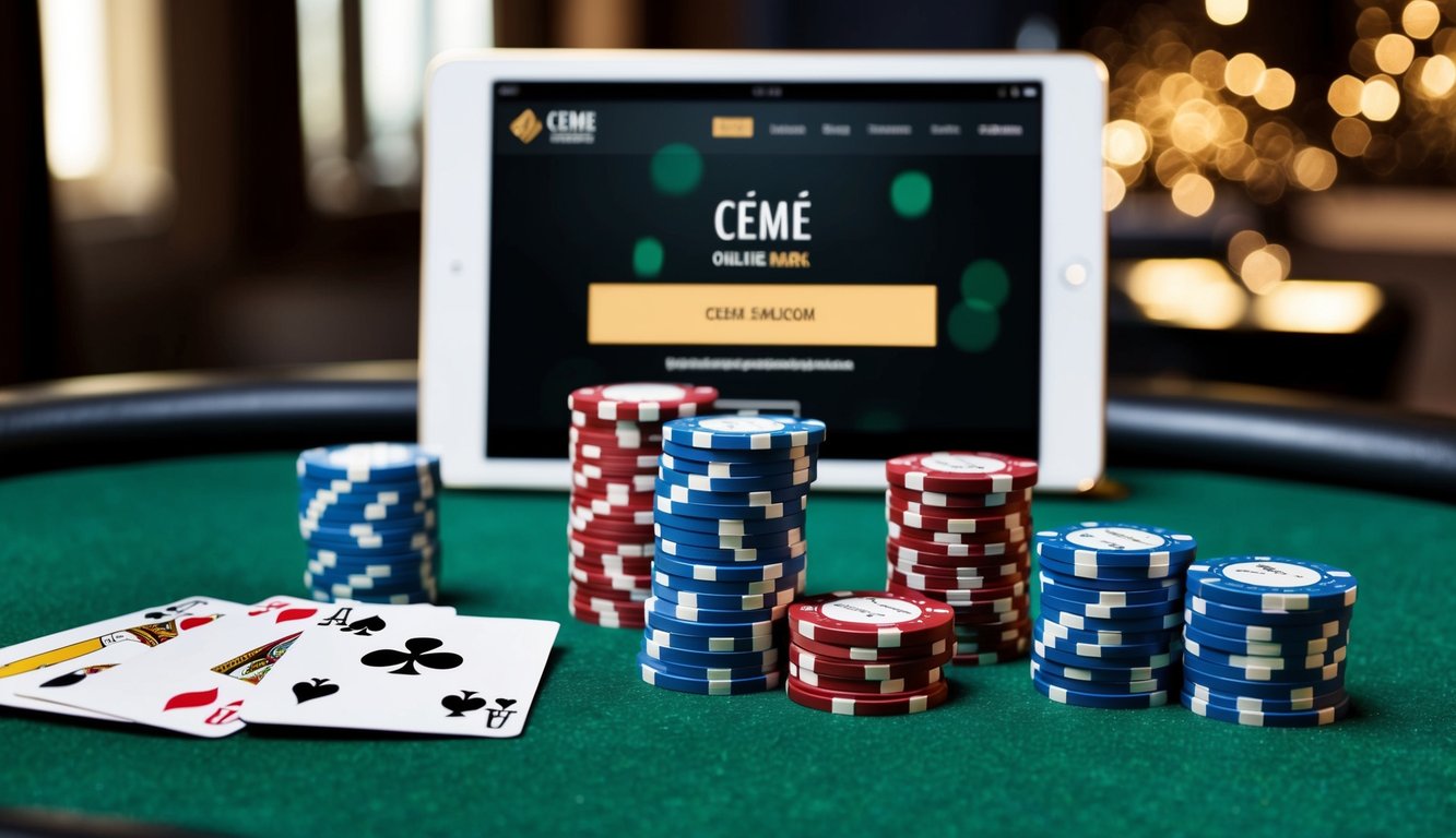 Sekelompok chip poker dan kartu bermain yang disusun di atas meja felt hijau, dengan perangkat digital yang menampilkan situs web ceme online di latar belakang