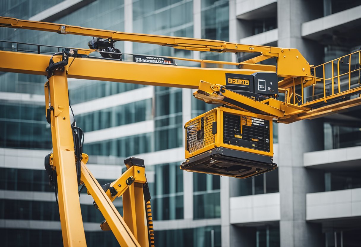 A construction site with various types of MEWPs in use, including scissor lifts, boom lifts, and cherry pickers, each being utilized for different tasks