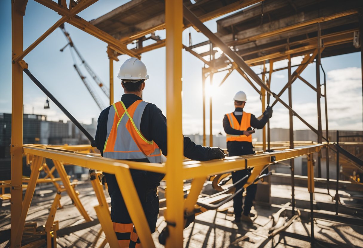 A construction worker operating a mobile elevated work platform (MEWP) undergoes a certification process with a safety instructor and equipment inspection