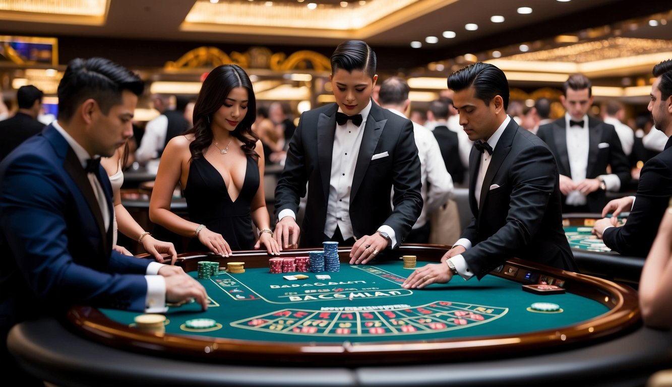 Sebuah meja baccarat yang ramai di kasino mewah, dengan pemain dan dealer terlibat dalam permainan berisiko tinggi