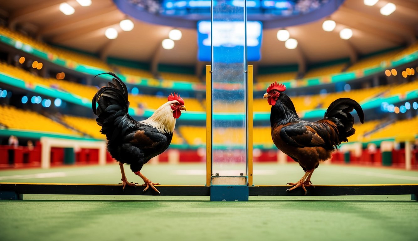 Arena sabung ayam yang hidup dengan warna-warna cerah dan sistem yang transparan, menampilkan peluang tinggi untuk menang