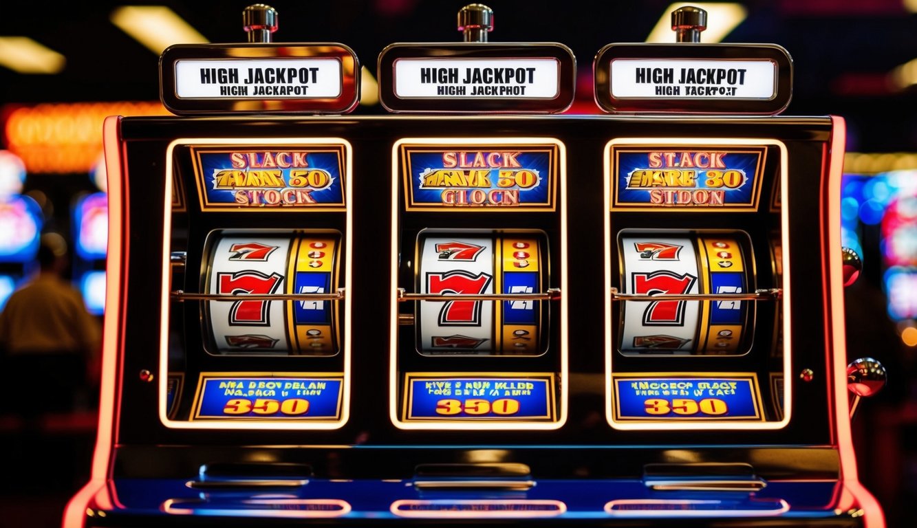 Sebuah mesin slot yang cerah dengan lampu berkedip dan tampilan jackpot yang tinggi