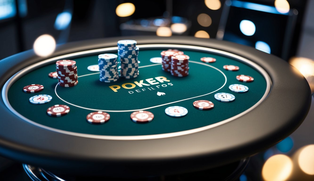 Sebuah meja poker digital dengan kartu dan chip, dikelilingi oleh antarmuka yang ramping dan modern, menggambarkan permainan yang adil dan pembayaran yang cepat