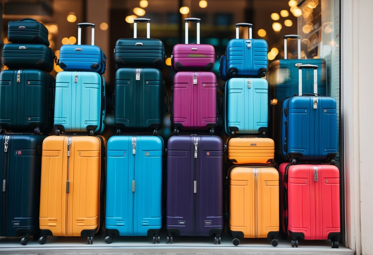 A display of colorful suitcases and travel bags arranged in a storefront window