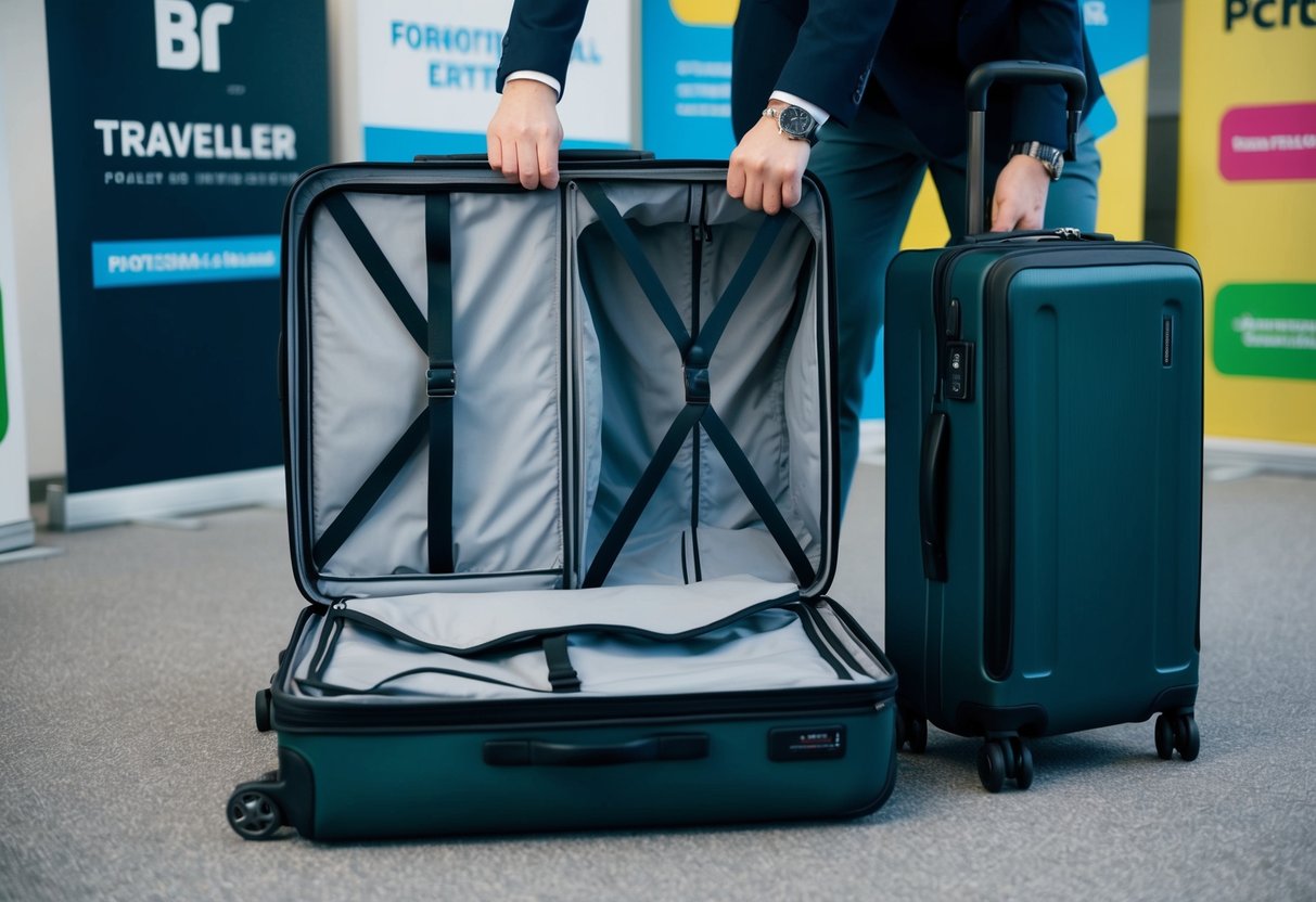 A traveler opens a suitcase to reveal its spacious interior, with compartments and straps designed for organization. The suitcase is surrounded by promotional signs and banners