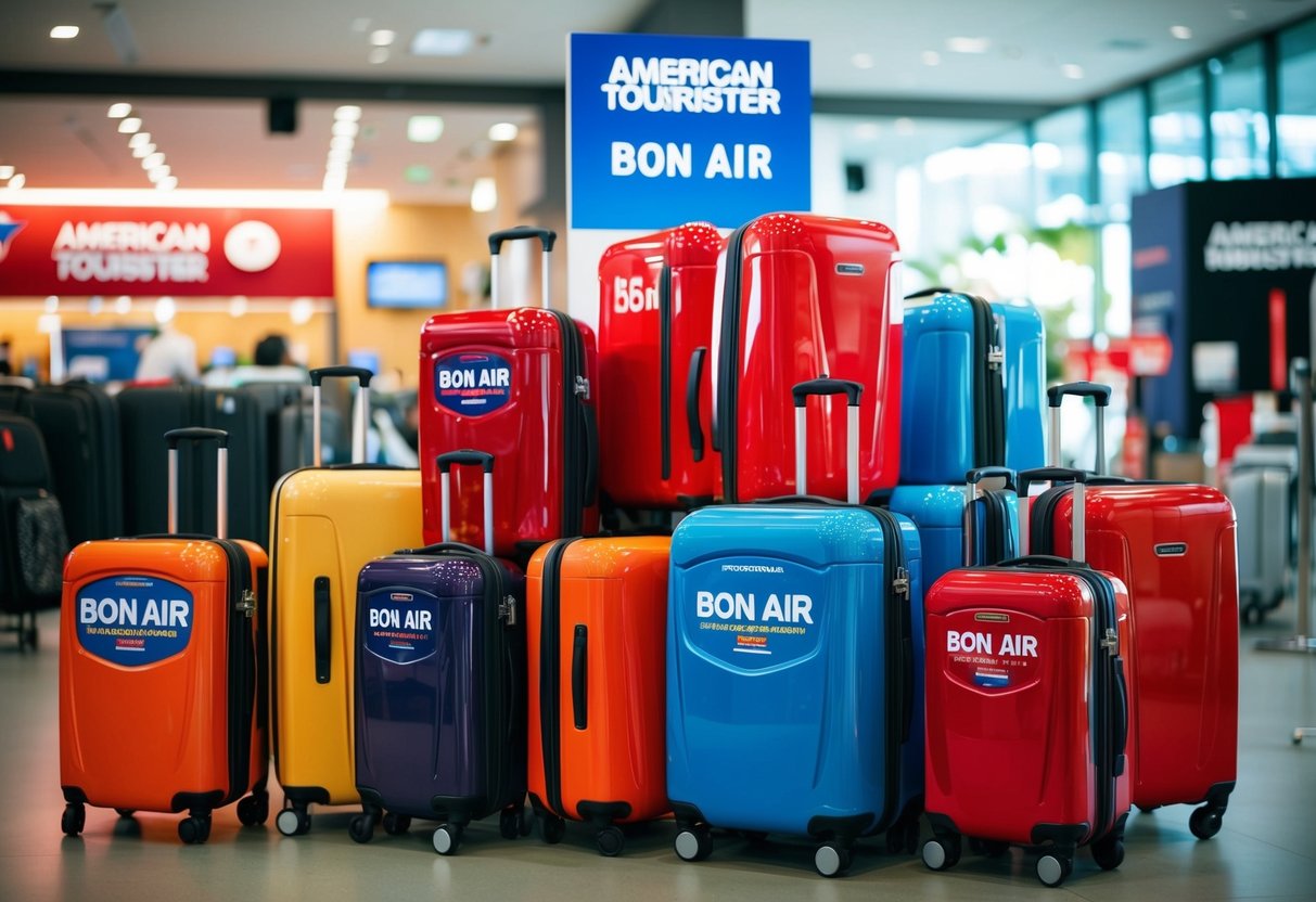 A colorful display of American Tourister Bon Air luggage with promotional signage