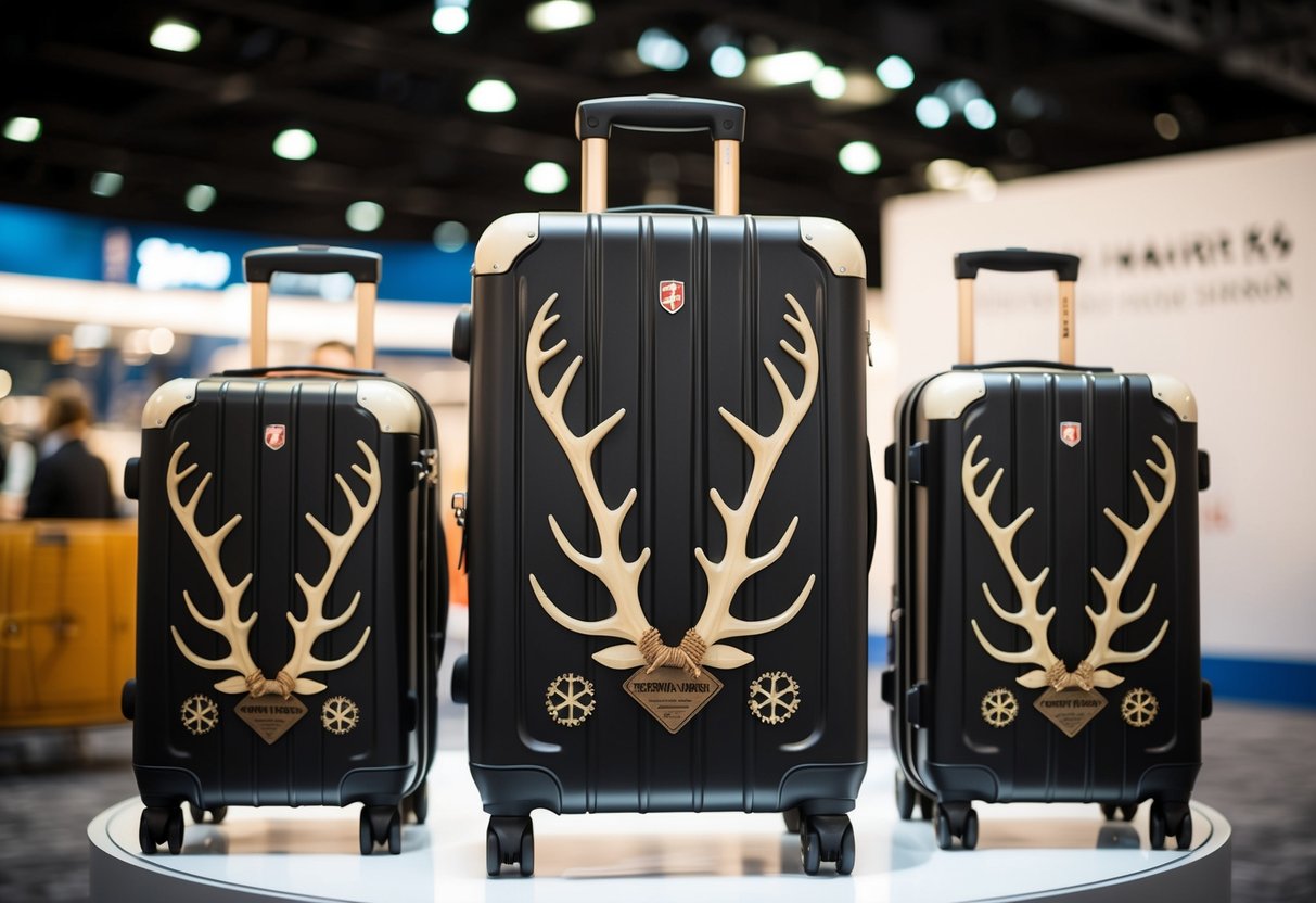 A sleek cabin luggage adorned with antler motifs displayed in a promotional setting