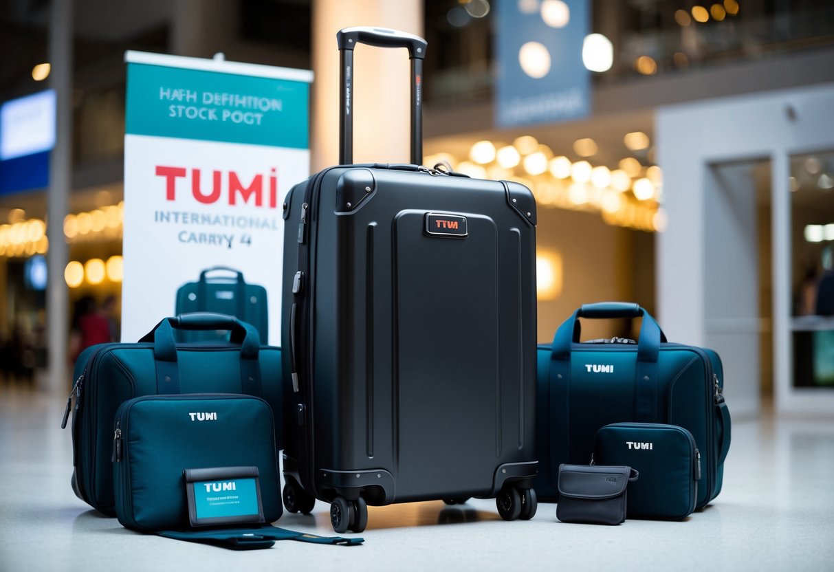 A sleek Tumi V4 International Carry-On luggage surrounded by travel accessories and a promotional banner