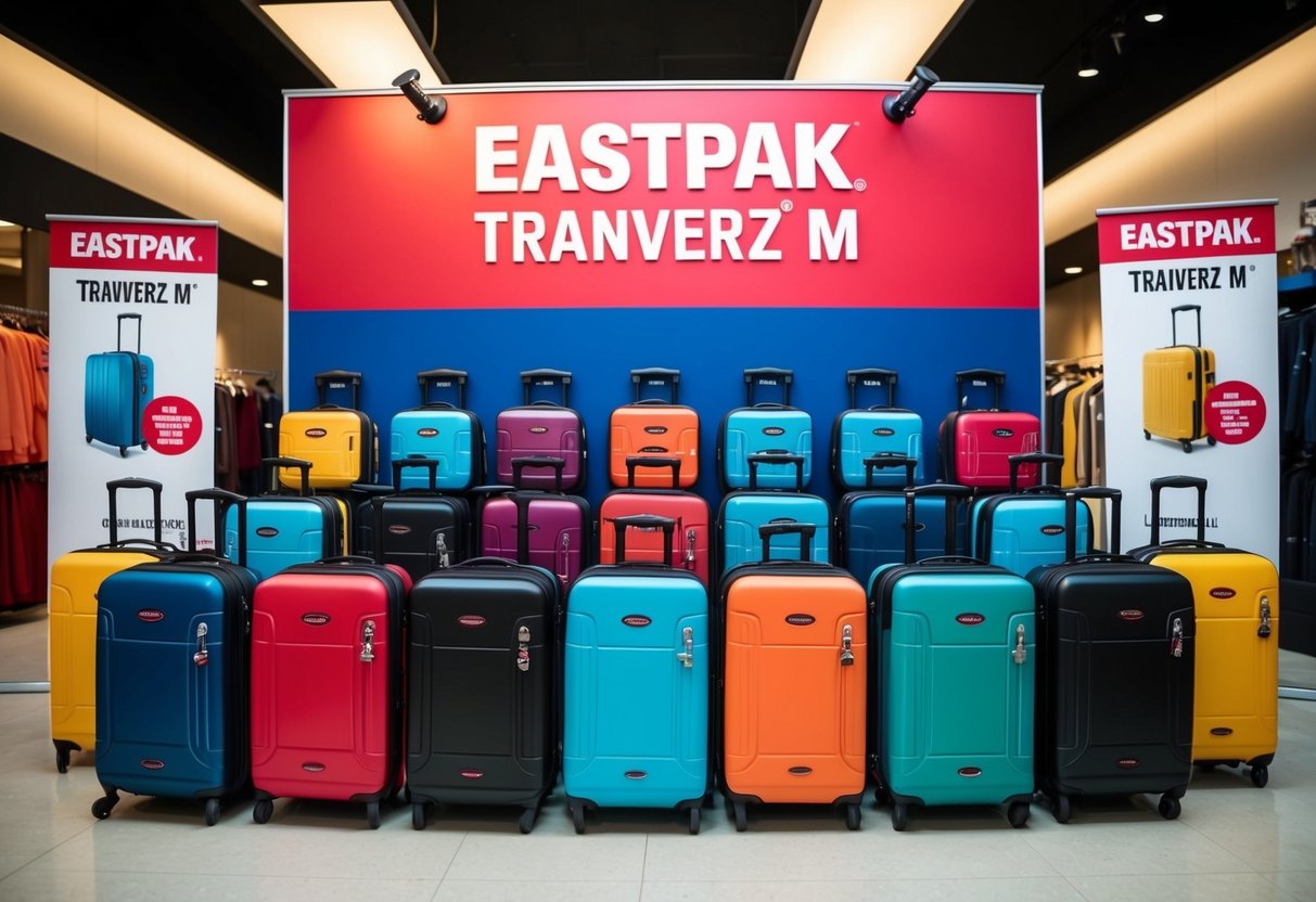 A colorful display of Eastpak Tranverz M luggage with promotional signage