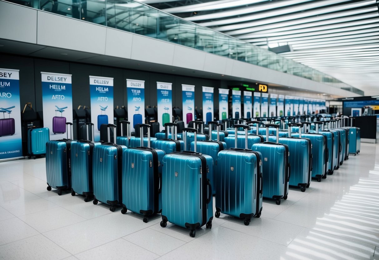 A sleek, modern airport terminal with rows of Delsey Paris Helium Aero suitcases on display, surrounded by promotional banners and signs
