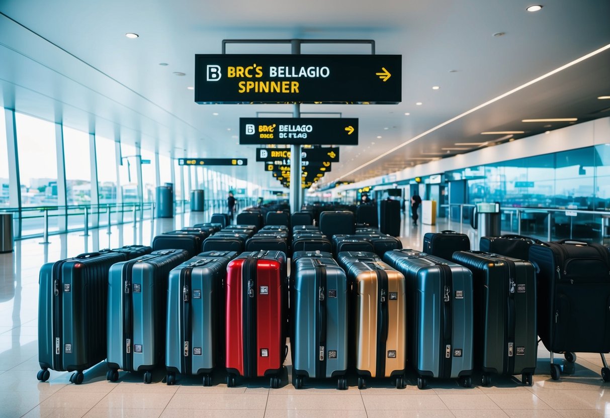 A sleek, modern airport terminal with rows of Bric's Bellagio Spinner luggage on display