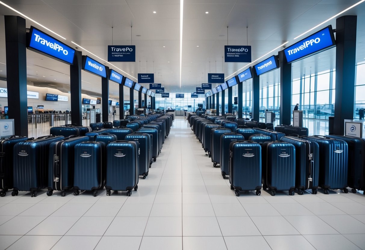 A sleek and modern airport terminal with rows of Travelpro Platinum Elite luggage on display, surrounded by promotional signage and banners
