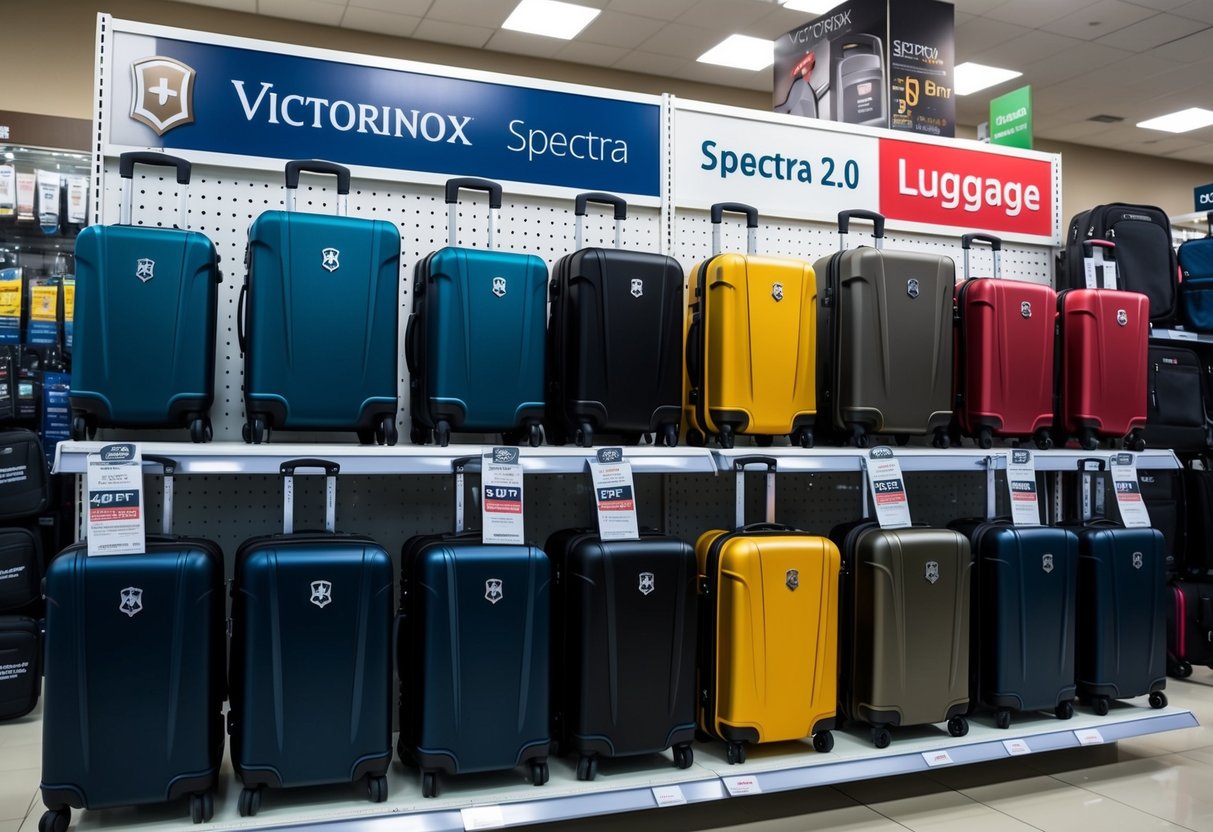 A display of Victorinox Spectra 2.0 luggage in a retail store with promotional signage and various colors and sizes on shelves
