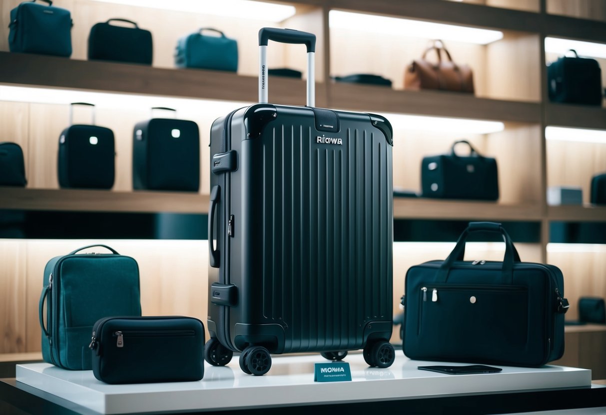 A sleek black Rimowa Essential Cabin S suitcase surrounded by travel accessories on a modern display shelf