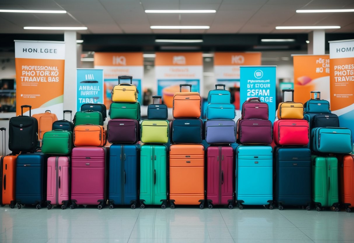 A colorful array of suitcases and travel bags displayed with promotional signs and banners