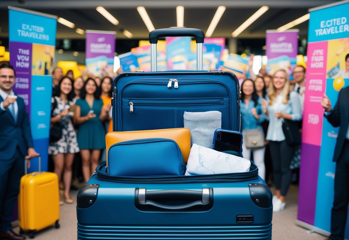 A suitcase bursting with travel essentials, surrounded by vibrant promotional banners and a crowd of excited travelers