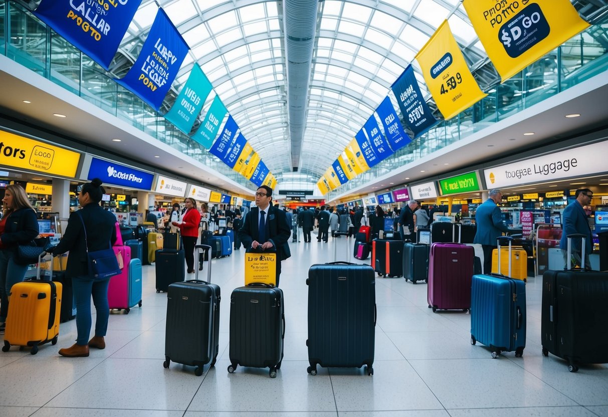 A bustling airport terminal with colorful banners advertising luggage promotions. Travelers browsing through various deals at the luggage stores