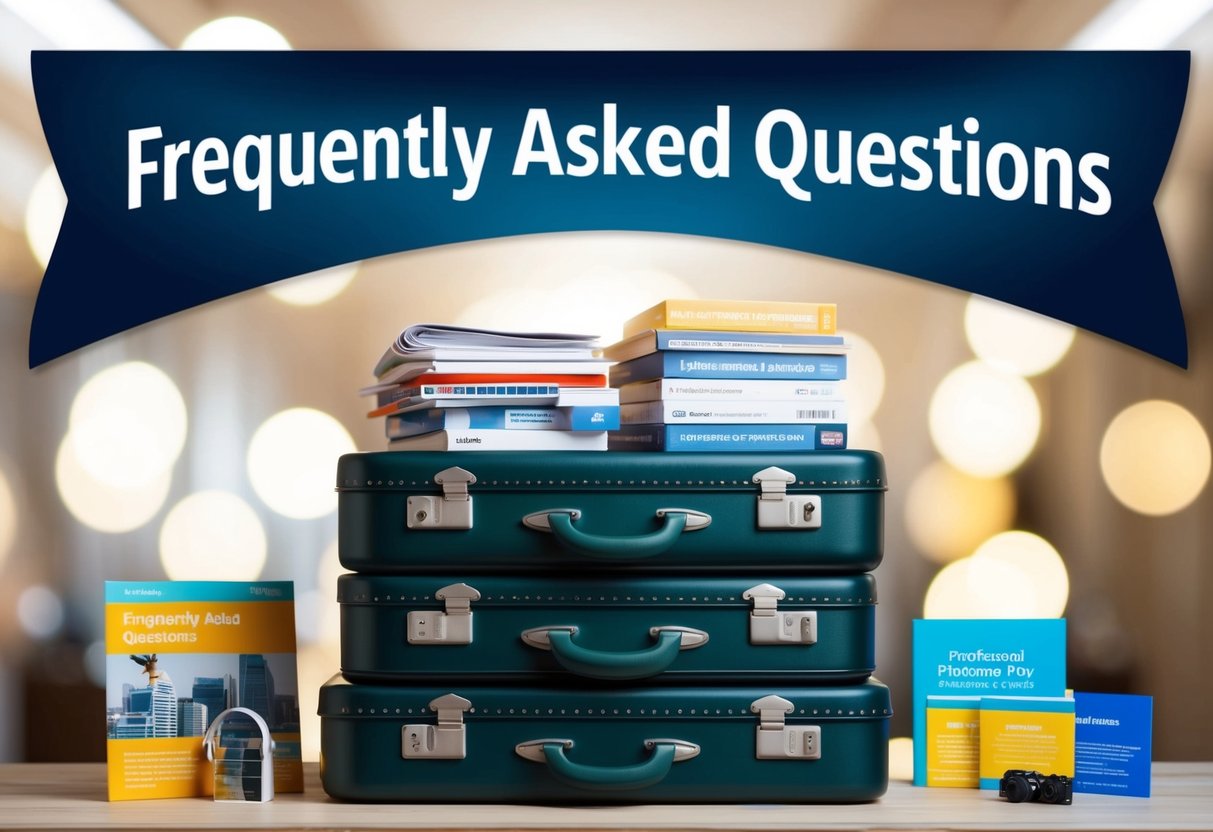 A stack of suitcases with a "Frequently Asked Questions" banner above, surrounded by promotional materials