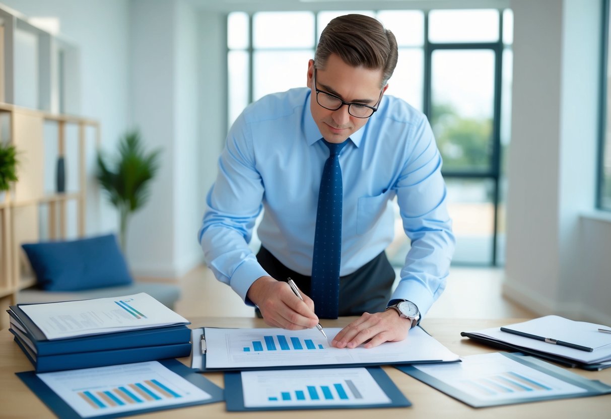 A commercial real estate appraiser carefully examining a property, surrounded by professional standards and methodologies documents