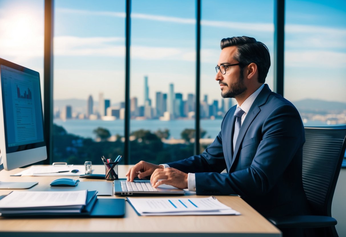 An office setting with a California skyline in the background, a desk with a computer and paperwork, and a professional conducting research and analysis