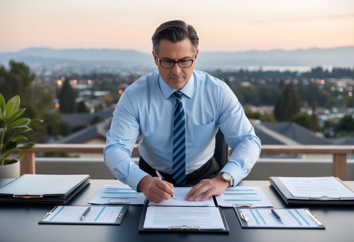 A commercial real estate appraiser examining a property, surrounded by legal and ethical documents, with a California landscape in the background