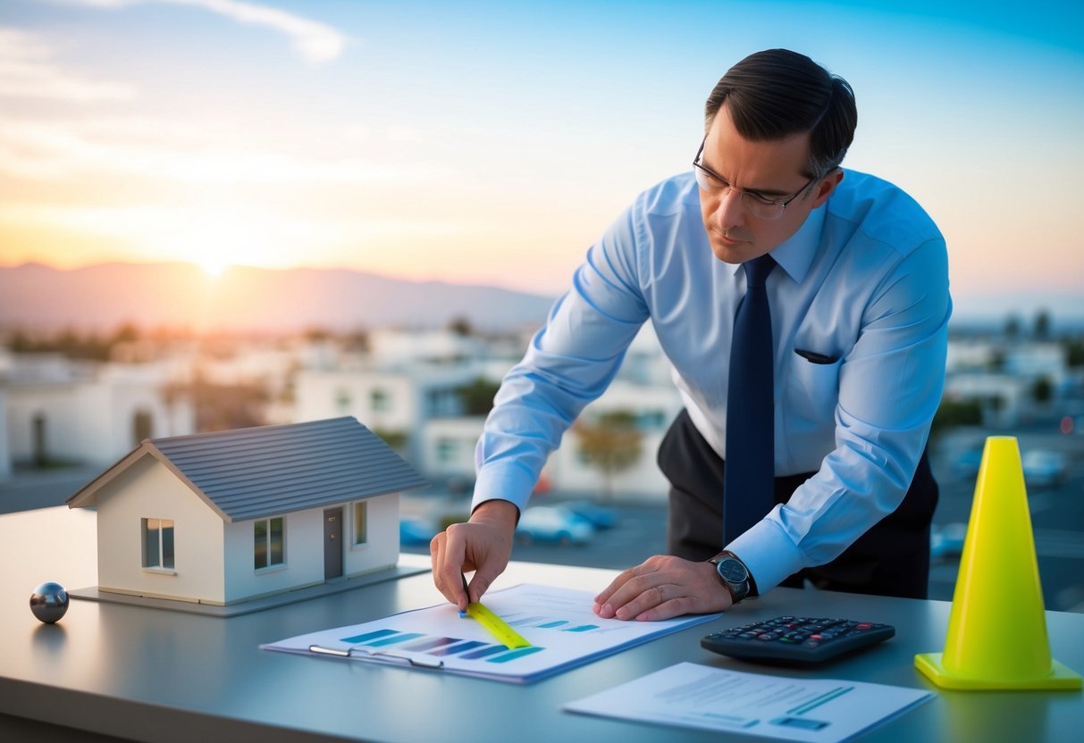 A professional appraiser carefully examines a commercial property in California, diligently measuring and inspecting every detail with precision and objectivity