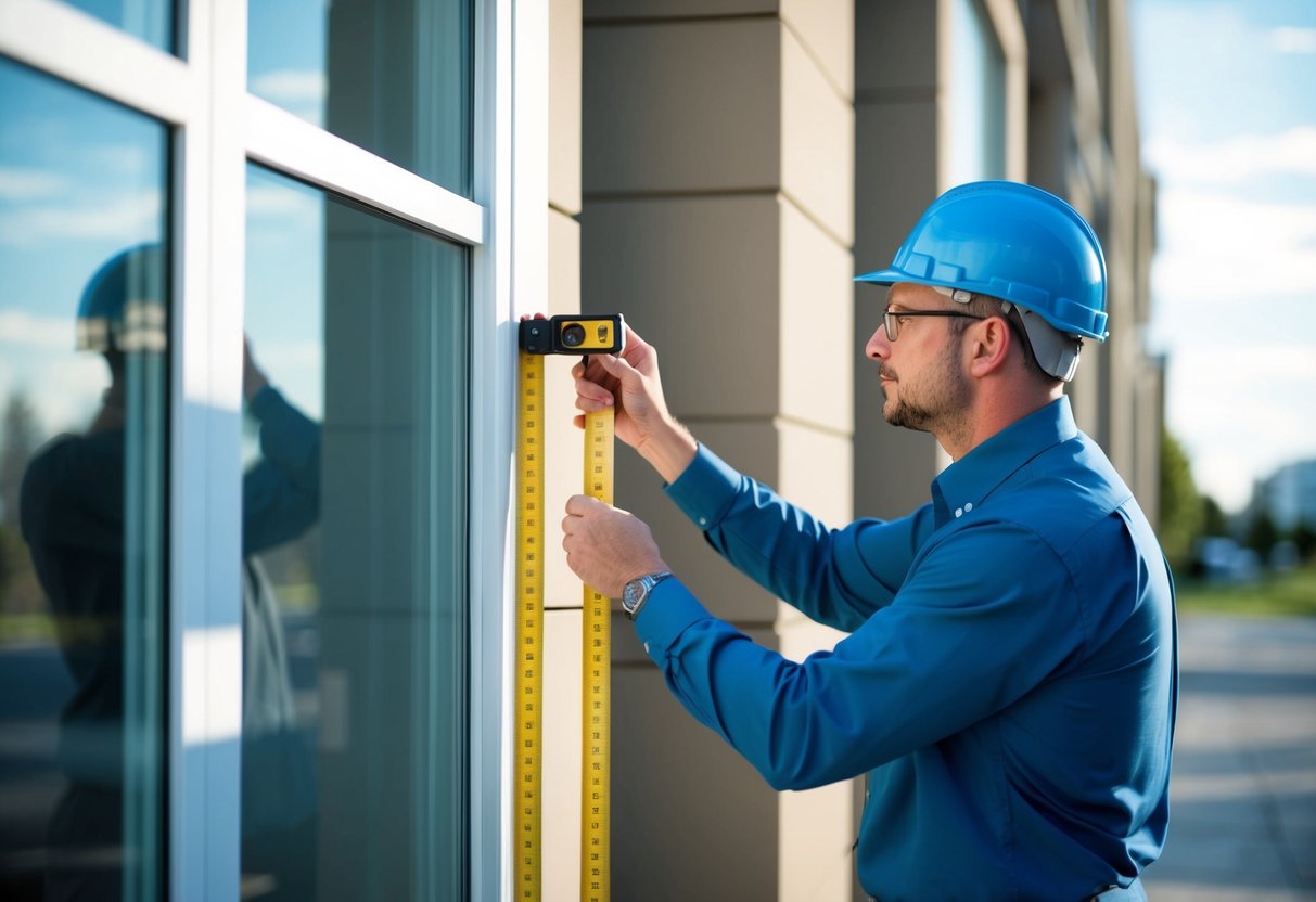 A commercial real estate appraiser meticulously measures and photographs a building's exterior, ensuring accuracy and consistency in valuation