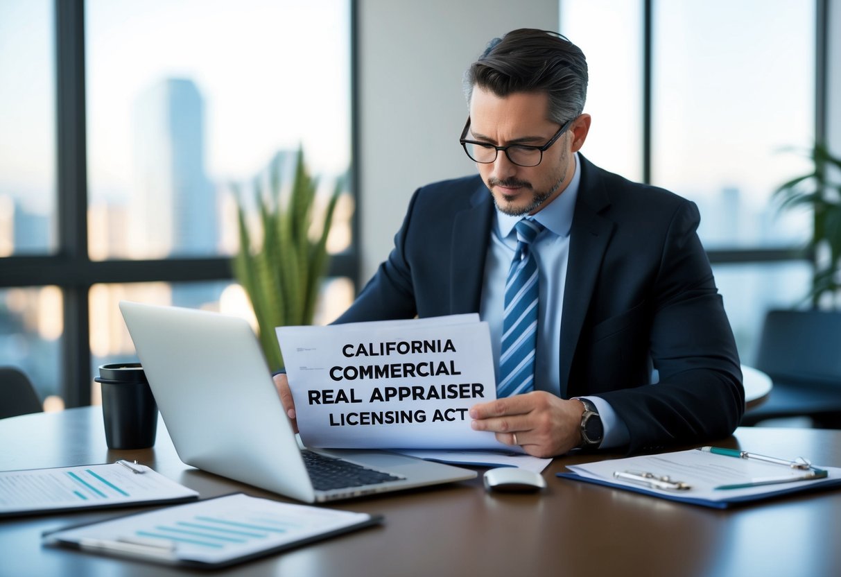 A commercial real estate appraiser reviewing the California Commercial Real Estate Appraiser Licensing Act at a desk with a laptop and documents