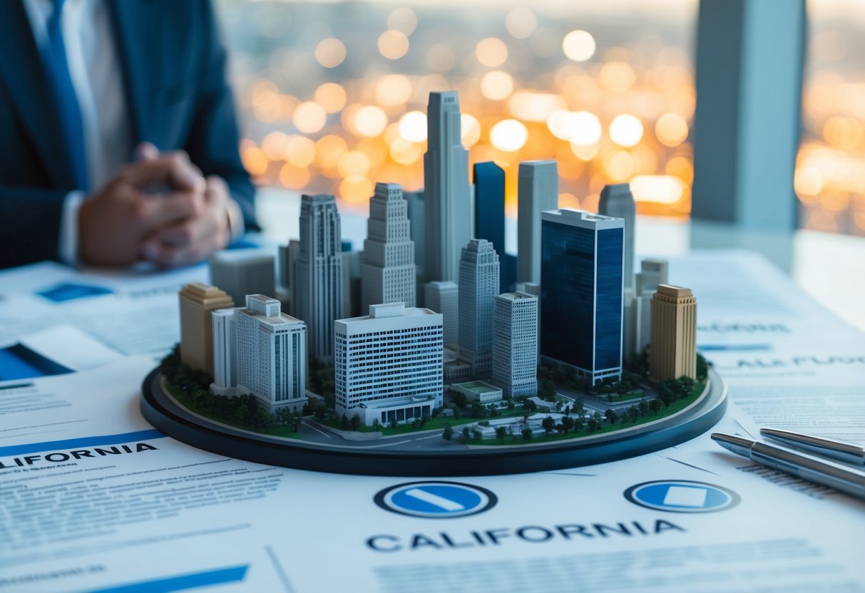 A scale model of a California cityscape surrounded by legal documents and regulatory symbols