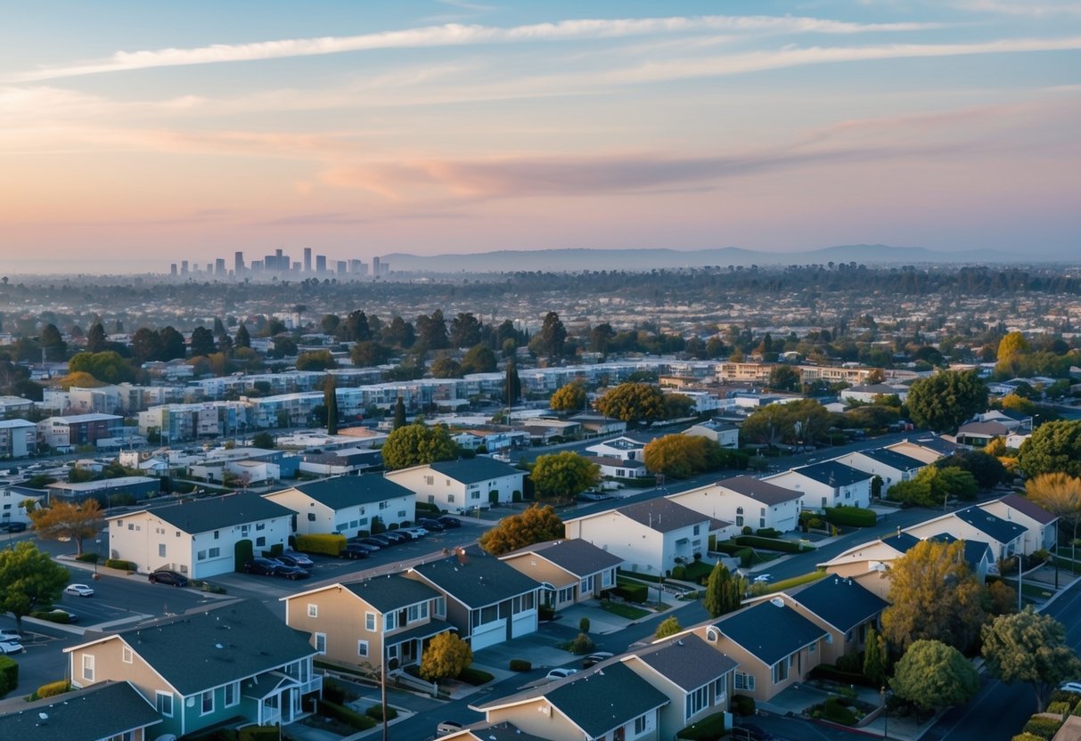 A suburban neighborhood with a mix of residential and commercial buildings, showing the diverse land use regulations under California zoning laws