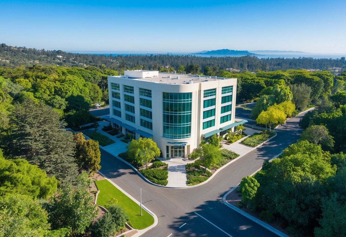 A commercial building in California surrounded by lush greenery, with clear blue skies and a pristine environment, showcasing the impact of environmental regulations on real estate appraisal