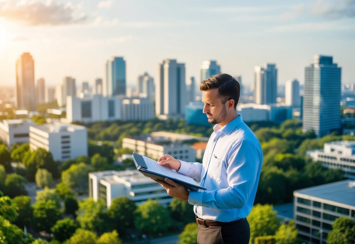 A bustling cityscape with commercial buildings, surrounded by lush greenery and clean air. A real estate appraiser examines a property with a keen eye