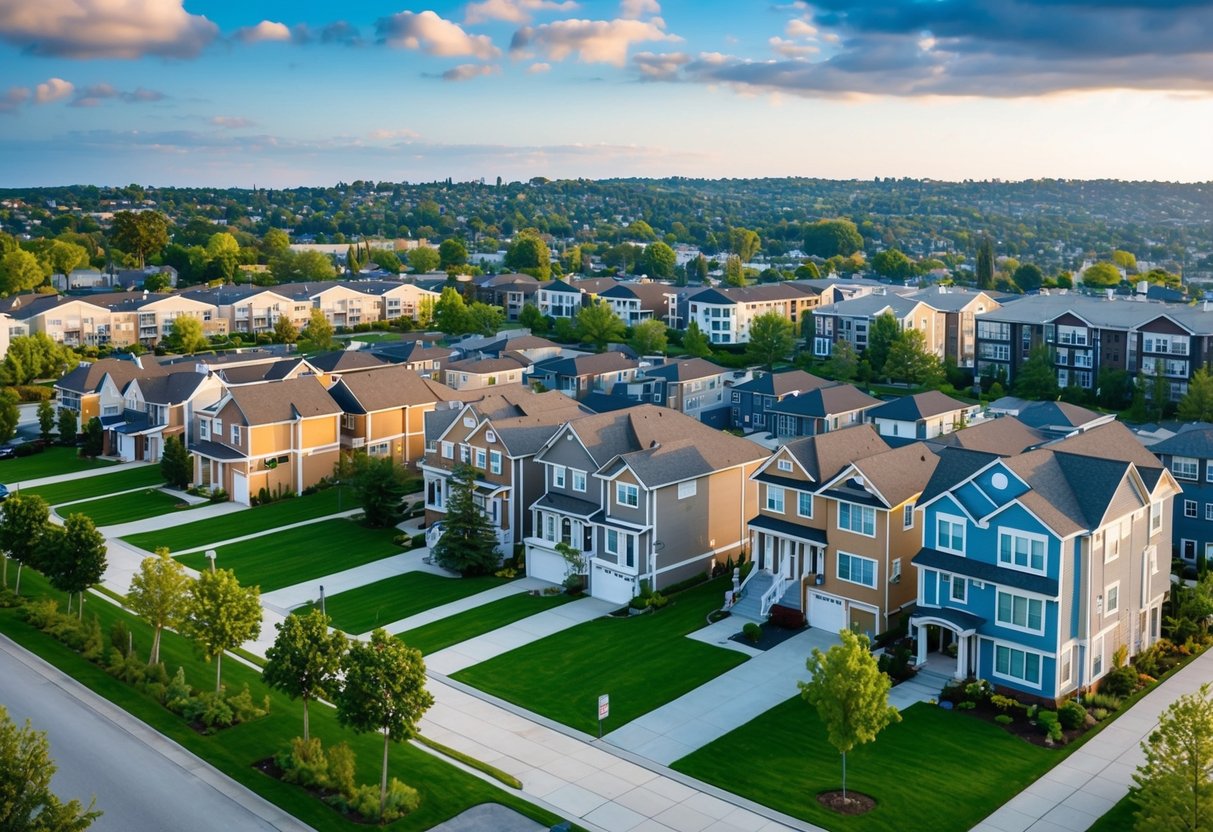 A diverse neighborhood with various types of housing, including apartments, single-family homes, and townhouses, all surrounded by lush greenery and well-maintained streets